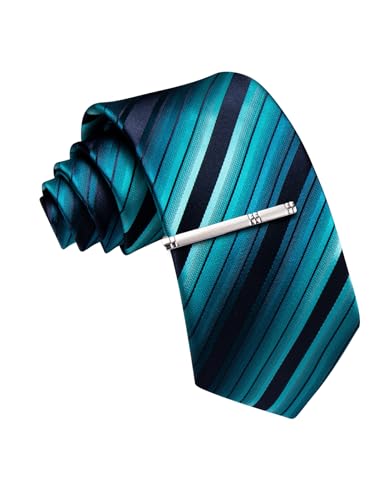 Image of Barry.Wang Silk Men Ties Formal Stripes Necktie and Tie Clip for Wedding Party Business Fashion Classic