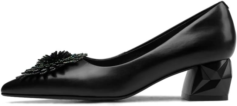 TinaCus Women's Pointed Toe Genuine/Suede Leather Handmade Rhinestone Floral Decor Low Chunky Heel Pumps Shoes