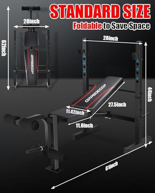 OPPSDECOR Standard Weight Bench Set with Squat Rack, 600LBS Adjustable Bench Press Set with Leg Extension and Leg Curl, Foldable Flat Incline Decline Workout Bench for Home Gym Full Body Training
