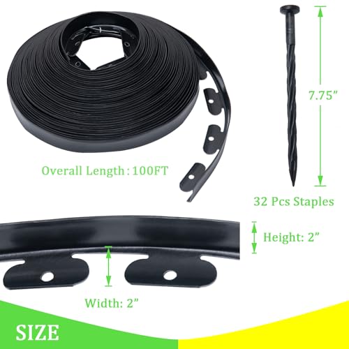 No-Dig Landscape Edging Kit, 100FT Landscape Edging, 2 Inches Tall, includes 32 Anchoring Stakes for Landscaping, Flower Gardens, and Lawn - Black