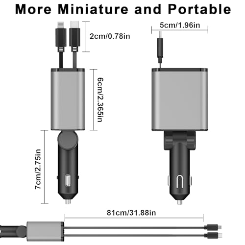 Paiholy Retractable Car Charger, 4 in 1 Super Fast Small Car Charger with Dual Retractable Cables and 2 USB Ports, Mini Version Car Charger Compatible with iPhone 15/14/13 Pro Max/Samsung/Pixel - Thumbnail 5