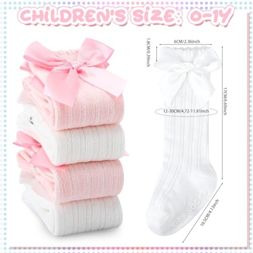 Jspupifip 4 Pairs Baby Girls Knee High Socks Newborn Girl Bow Ruffle Long Infant Non-Slip Socks2