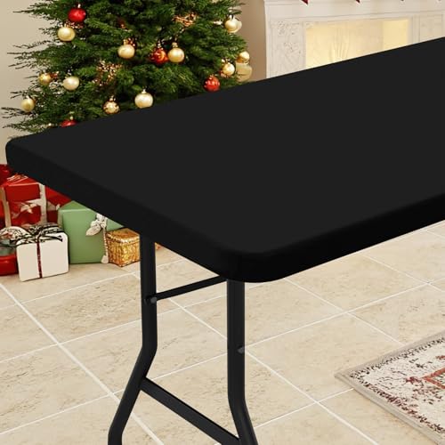 Smiry Rectangle Tablecloth, Elastic Fitted Flannel Backed Vinyl Tablecloths for 6ft Folding Tables, Waterproof Wipeable Table Covers for Indoor, Outdoor, Picnic and Camping (Black, 30'x72')