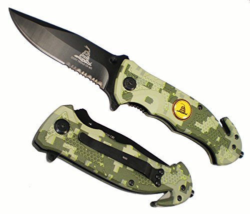 Don't Tread On Me GREEN DIGITAL CAMO US MARINES Black Blade POCKET KNIFE + Seat Belt Cutter + Glass Breaker