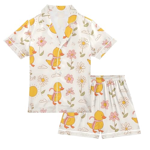 ALAZA Yellow Duck Sun Blossom Pajamas Satin Pajama Set Short Sleeve Button Down Sleepwear