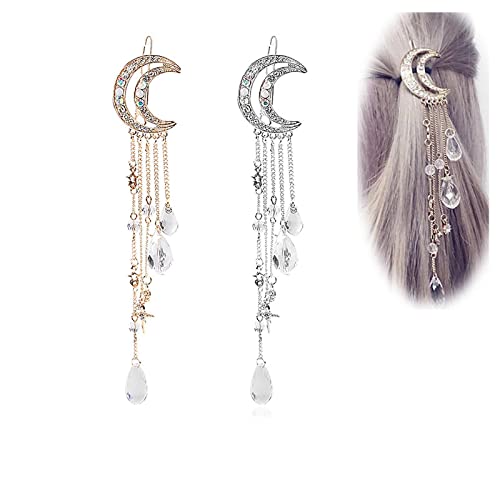 Inilbran Bohemio Pinza de pelo de luna Pasador de pelo de borla de cristal Pinza de pelo de media luna hueca Perlas de diamantes de imitación Horquilla colgante Clip para mujeres y niñas Accesorio Cover