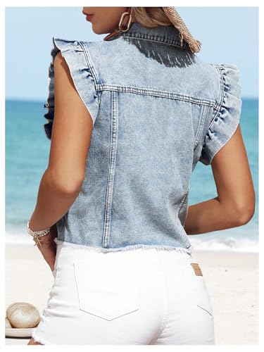 GORGLITTER Women's Ruffle Denim Jacket Sleeveless Button Down Jean Vest2