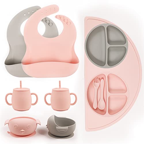 Silicone Baby Feeding Set 10 Pieces | Baby Led Weaning Supplies I Suction Plates and Bowls Set, Silicone Spoon Fork, Adjustable Bibs, Kids Placemat, Sippy Cups | Baby Feeding Supplies (Grey/Pink)