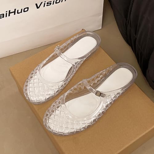 Image of Jelly Mesh Ballet Flats for Women Clear Hollow Jelly Shoes Sandals Round Toe Non-Slip Beach Ballerina Jellies Flats Shoes