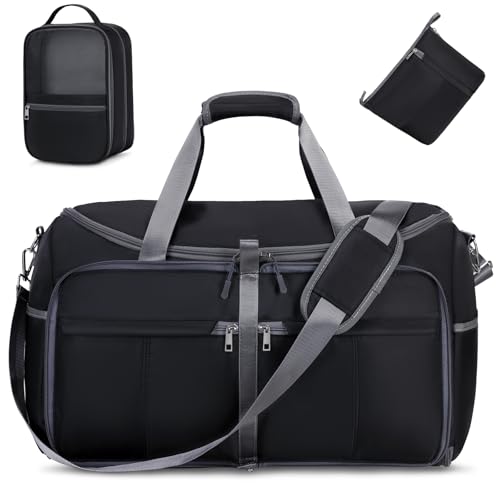 Foldable Garment Bags for Travel, 2 in 1 Convertible Carry On Travel Garment Duffel Bag for Women with Toiletry & Shoe bag, Hanging Suitcase Suit Travel Bags for Men Women Gift (Black）