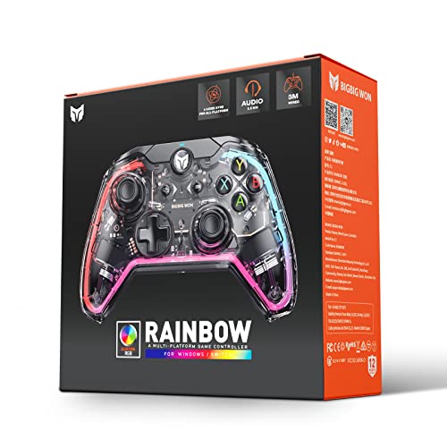 Wired PC Controller, BIGBIG WON Rainbow Game Controller RGB Light, Motion Aim, Custom Buttons, Macro, Turbo, Dual Shock Wired Controller for Switch/Win10&11 Controller for PS5/PS4 via R90 Adapter-1pc