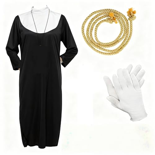 Mprocen Disfraz de monja de 6 piezas, disfraz de monja para mujer, traje religioso de la película, vestido clásico de Halloween con collar de cruz, guantes, cintura, cuerda, cicatriz, calcomanía para
