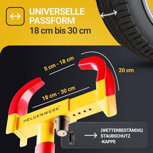 HELDENWERK Parkkralle Radkralle mit Hochsicherheitsschloss & 3 Schlüsseln - für Anhänger, Wohnmobil, Wohnwagen, Auto - PKW Reifenkralle, Autokralle, Rad-Kralle für 18-30cm Reifenbreite (Gelb/Rot)