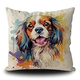 Ganshan Bi Cute Cavalier King Charles Spaniel Dog Throw Pillow Cover Colorful Painting Dog Puppy Art Decorative Pillow Case for Bed Couch Sofa Dog Lover Gift 16X16 Inch Linen Double Side, Style 4