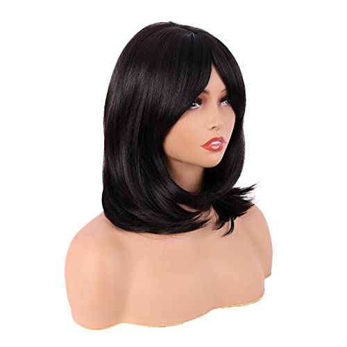 MapofBeauty 18 Inch/45 cm Layered Bangs Straight Synthetic Fiber Shoulder Length Hair Daily Use Wig (Black) - Image 2