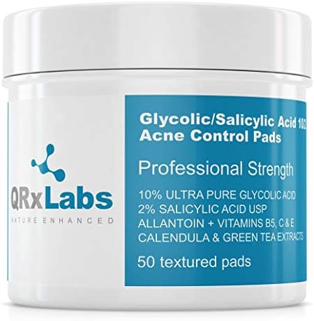 Glycolic/Salicylic Acid 10/2 Acne Control Pads with 10% Ultra Pure Glycolic Acid + 2% Salicylic Acid, Allantoin, Vitamins B5, C & E, Calendula & Green Tea - Most Effective Acne Treatment - Clear Skin