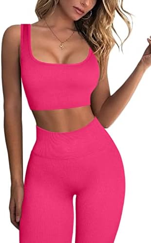 FAFOFA Ribbed Workout Outfits for Women 2 Piece Seamless Sport Br...