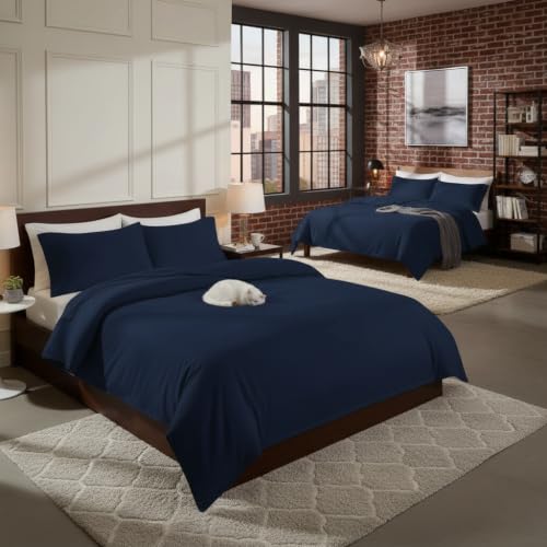 Image of Duvet Cover Set Double Size Bed (92x102 Inch) 1 Duvet Cover + 2 Pillow Covers with Zipper 400 TC Microfiber Luxurious Quilt, Comforter, Rajai, Dohar Blanket Cover (Navy Blue)