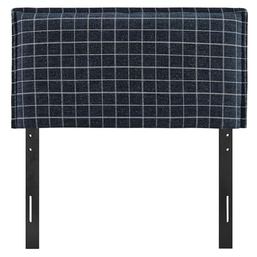 Modway Camille Twin Size Checkered Linen Blend Plaid Headboard with Removable Slipcover – in Denim Windowpane Check - Padded Pillow Style Headboard with Adjustable Mounting for Twin Beds