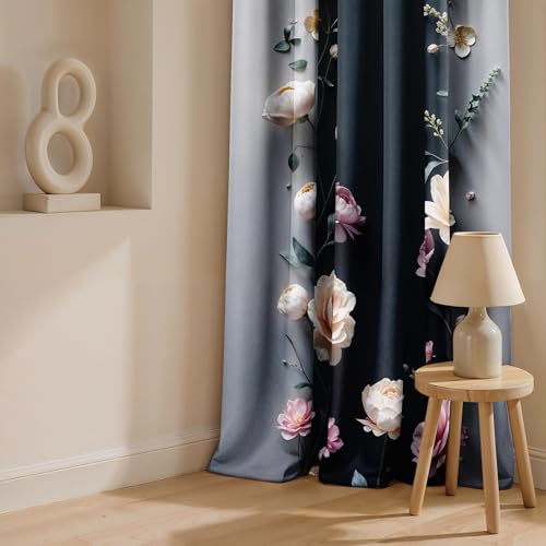 Image of Ultimate Trends Room Darkening Digital Printed 3D Prints Curtain 65-70% Opacity,Diamond Eyelets, Tie Back, Floral Decorated, 7 FEET Pack of 2,Charcoal Gray Ivory