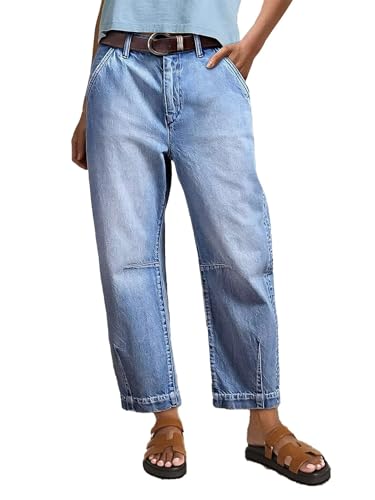 Flamingals Straight Leg Cropped Jeans for Women Barrel Casual Mid Rise Wash Stitch Detail Denim Jeans Without Belt