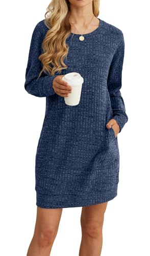 PrinStory Winterkleid Damen Freizeitkleider Rundhals Weich Pullover Kleid Lässig Basic Sweatkleid Mit Taschen Longpullover Fur Leggings (Blau, L)