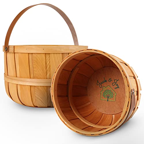 Jack & Joy Set of 2 Baskets for Produce – Thick Wood Slots and Reinforced Body, Display Fruits and Vegetables or Use in Home Garden, Fold Down Strap for Easy Carrying, Large 11" & Small 9"