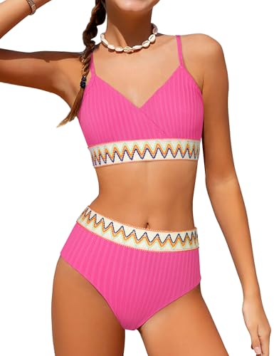 Image of DONWEN Girls Swimsuits V Neck Bikini Set Textured High Waist Girl Two Piece Bathing Suit