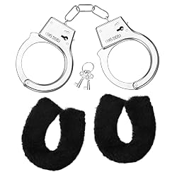 SATINIOR Esposas de Metal con 2 Llaves Esposas de Mano de Peluche Accesorios para Disfraces de Policía Suministros Juguetes para Fiesta Niños (Negro, Estilo Peluche)