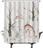 Ulticool Duschvorhang - Eul Vogel Hirsch Tiere Natur Aquarell - 180 x 200 cm – Waschbar – Anti Schimmel - Wasserdicht - mit 12 Ringe - Weiß Braun