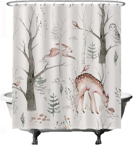 Ulticool Duschvorhang - Eul Vogel Hirsch Tiere Natur Aquarell - 180 x 200 cm – Waschbar – Anti Schimmel - Wasserdicht - mit 12 Ringe - Weiß Braun