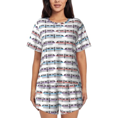 IPPONGET Conjunto de pijama de manga corta con cuello redondo y estampado de tren monorraíl para mujer, conjunto de 2 piezas para las cuatro estaciones, Negro, 3XL