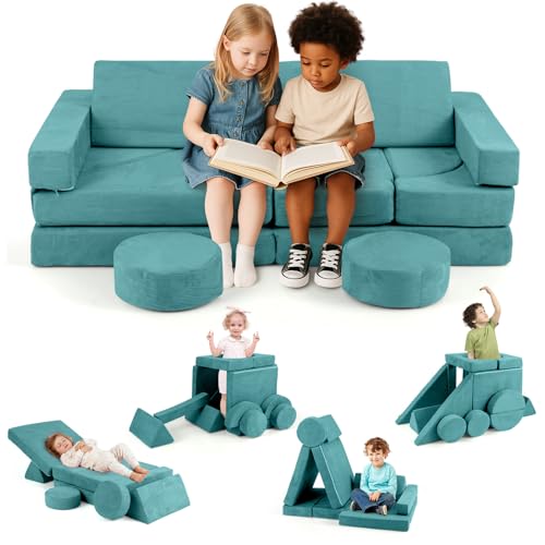 INFANS 13-Piece Modular Kids Play Couch – Premium Soft Foam, Removable Cover, Comfortable & Safe Toddler Couch for Children 3+ Years, Portable & Easy to Clean, Ideal for Living Room & Playroom (Green)