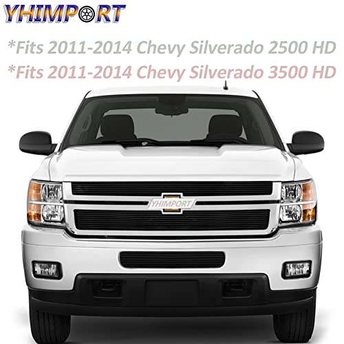 Black Grill Fits 2011 2012 2013 2014 Chevy Silverado 2500Hd 3500Hd Billet Grille Solid Aluminum Front Grill Insert 3Pcs (Black Powder Coated) #TOP3