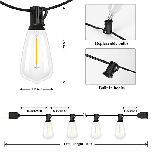 Brightever Led Outdoor String Lights 100Ft Patio Lights With 52 Shatterproof St38 Vintage Edison Bulbs, Outside Hanging Lights Waterproof For Porch, Deck, Garden, Backyard, Balcony, 2700K Dimmable #TOP2