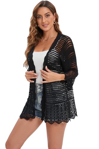 Crochet Cardigan for Women 3/4 Sleeve Open Front Lightweight Lace Boho Cover Up3