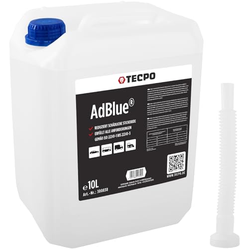 TECPO AdBlue – Solución de urea SCR para limpieza de gases de escape Ad Blue con embudo, bidón y boquilla diésel TDI con manguera de llenado para coche, camión, coche