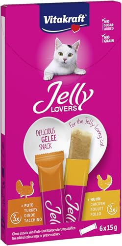 Vitakraft Jelly Lovers, friandises pour chats, snack gélifié au poulet et dinde, sticks individuels, sans sucre ajouté (1 paquet 6x 15g)
