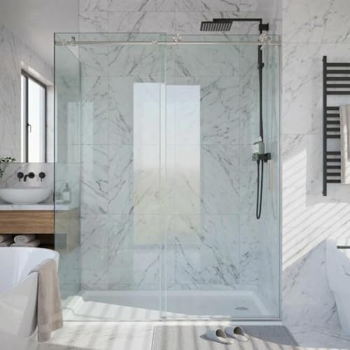 Image of 44-48 inch W x 76 inch H Frameless Sliding Shower Door, 5 /16 inch (8mm) Tempered Glass with Explosion-Proof Film & Easy-Clean Coating, Brushed Nickel Bypass Shower Door with Seal Strip