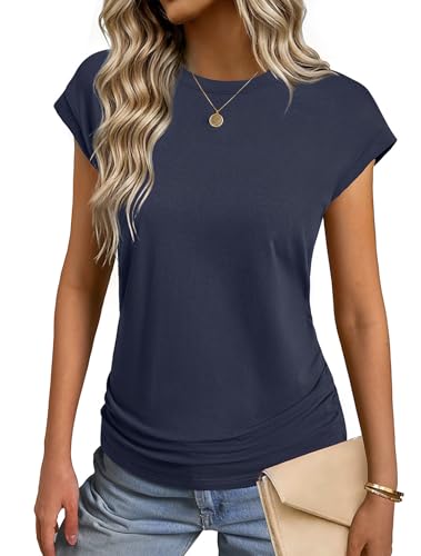 GKBK Womens Summer Tops Ruched Cap Short Sleeve Tshirts Business Fashion Trendy Clothes Outfits Navy Blue S
