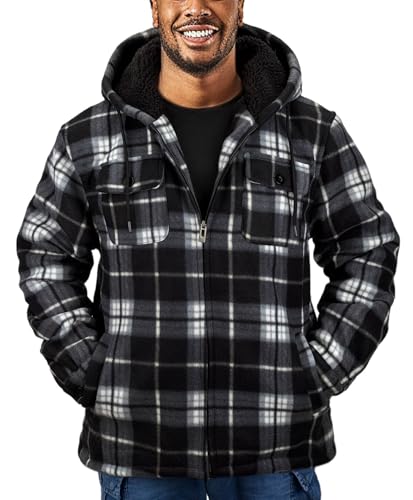 Thick Plaid Flannel Jacket for Men Sherpa Fleece Lined Hooded Coat Heavy Winter Warm Thermal Full Zipper Hoodies