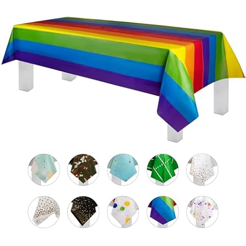 Grandipity Carnival Pride Rainbow Banner Theme 6 Pack Premium Disposable Plastic Tablecloth 54 Inch. x 108 Inch. Rectangle Table Cover Cover