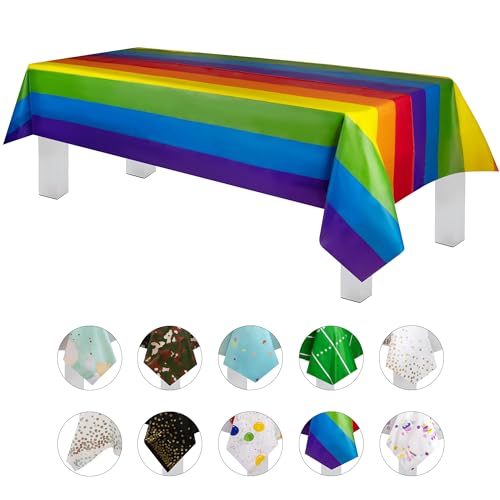 Image of Plastic Table Cloth Disposable 12 Pack 54 inch x 108 inch Rectangle | Rainbow Plastic table covers, durable disposable tablecloths, fade and tear-resistent table cover for party, event