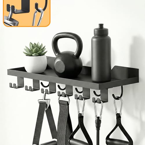 SSNEWOG Floating Shelf Organizer Compatible with Tonal Accessories,16.9x6Home Gym Weight wall Storage Equipment Hanger, Metal Rack Holder Wall Mount with 5 T-Lock Brackets & Hooks Hanger (Black)