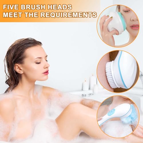 Elektrische Körperbürste Badebürste Rückenbürste Mit 5 AufsäTzen: Rückenbürste mit Langem Stiel IP67 Wasserdicht 3 Geschwindigkeit Spin Reinigung Bürste für Spa Dusche Peeling Massagebürste (Grün)