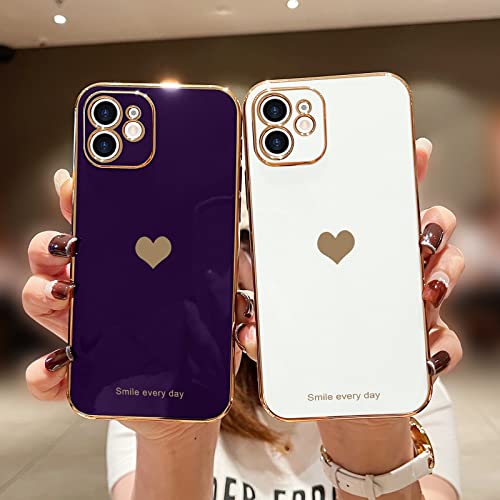 Teageo Compatible With Iphone 12 Case For Girl Women Cute Love-Heart Luxury Bling Plating Soft Back Cover Raised Camera Protection Bumper Silicone Shockproof Phone Case For Iphone 12, Dark Purple #TOP1