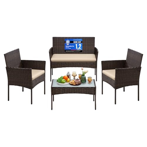 SONGMICS Balkonmöbel, Gartenmöbel-Set, aus PE-Polyrattan, Lounge-Set, Terrassenmöbel, Outdoor, für Terrasse, Balkon, Garten, braun-Taupe GGF004K05