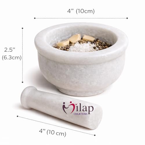 Image of White Marble Mortar and Pestle Set Stone 4 Inch, Khalbatta, Imamdasta, Kharal, Kundi, Okhli, Musal, Mixer, Silbatta Kitchen tool for Grinding Ingredients
