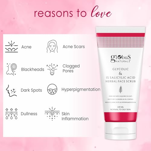 Image of Globus Naturals Glycolic & 1% Salicylic Acid Herbal Anti Acne Face Scrub, Enriched with Liquorice & Oats, Deep Pore Cleansing & Oil Control, Reduces Dark spots & Hyperpigmentation, 100 gm