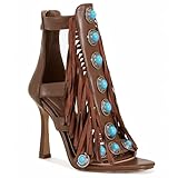 LQFQ Fringe Heeled Sandals for Women Open Toe Stiletto Heel Summer Boho Sandals Retro Beaded Bohemian Party Dress Shoes High Heels
